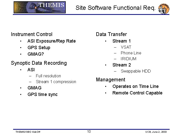 Site Software Functional Req. Instrument Control • • • Data Transfer • ASI Exposure/Rep