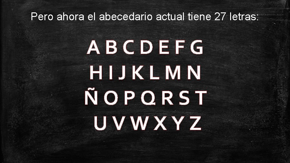 Pero ahora el abecedario actual tiene 27 letras: ABCDEFG HIJKLMN ÑOPQRST UVWXYZ 