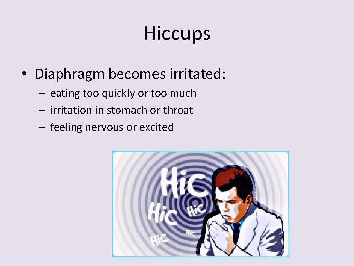 Hiccups • Diaphragm becomes irritated: – eating too quickly or too much – irritation