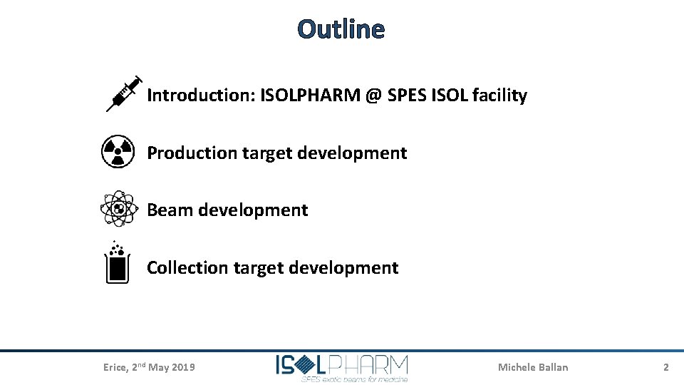 Outline Introduction: ISOLPHARM @ SPES ISOL facility Production target development Beam development Collection target