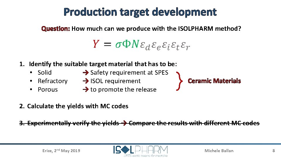 Production target development Question: How much can we produce with the ISOLPHARM method? 1.