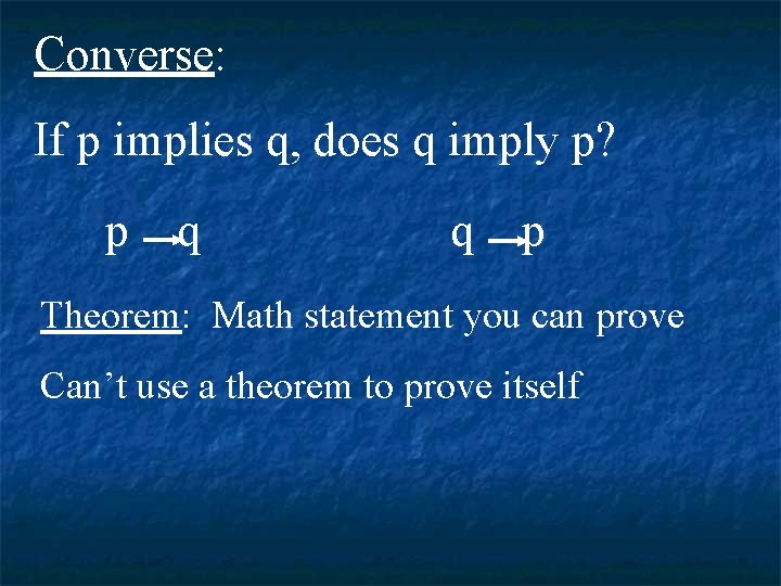 Converse: If p implies q, does q imply p? p q q p Theorem:
