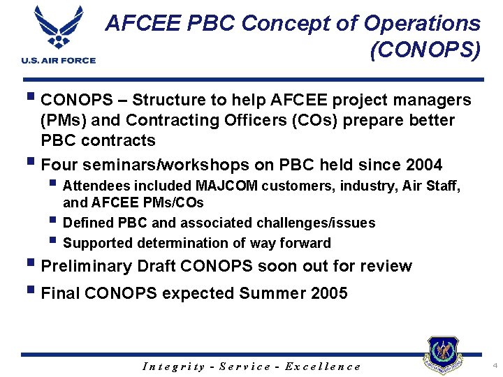 AFCEE PBC Concept of Operations (CONOPS) § CONOPS – Structure to help AFCEE project
