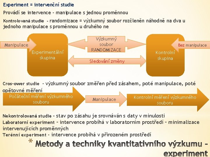 Experiment = intervenční studie Provádí se intervence – manipulace s jednou proměnnou Kontrolovaná studie