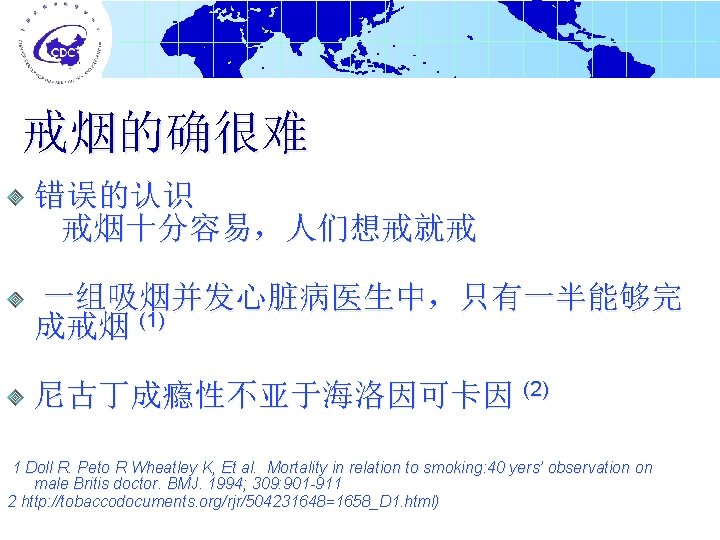 戒烟的确很难 错误的认识 戒烟十分容易，人们想戒就戒 一组吸烟并发心脏病医生中，只有一半能够完 成戒烟 (1) 尼古丁成瘾性不亚于海洛因可卡因 (2) 1 Doll R. Peto R Wheatley