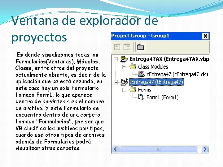 Ventana de explorador de proyectos Es donde visualizamos todas los Formularios(Ventanas), Módulos, Clases, entre