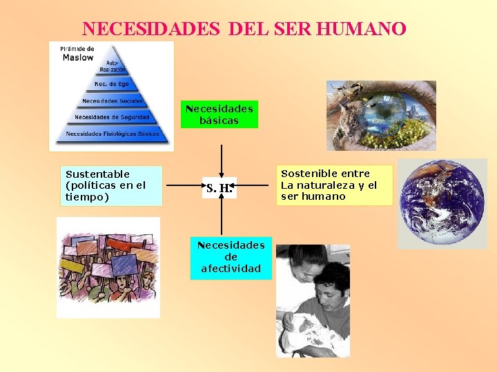 NECESIDADES DEL SER HUMANO Necesidades básicas Sustentable (políticas en el tiempo) S. H. Necesidades