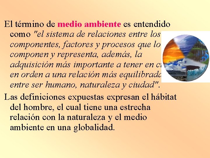 El término de medio ambiente es entendido como "el sistema de relaciones entre los