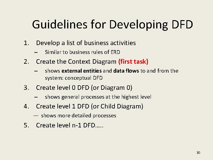 Guidelines for Developing DFD 1. Develop a list of business activities – Similar to