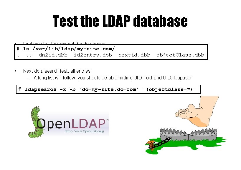 Test the LDAP database • • First we chat that we got the databases