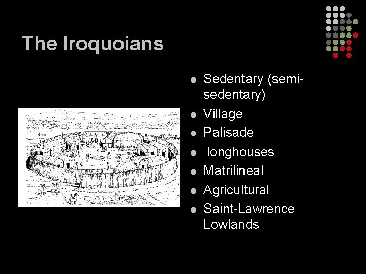 The Iroquoians l l l l Sedentary (semisedentary) Village Palisade longhouses Matrilineal Agricultural Saint-Lawrence