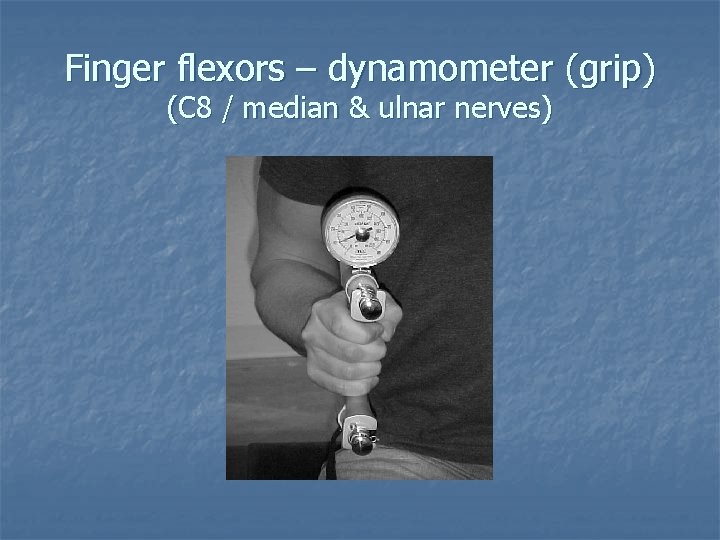 Finger flexors – dynamometer (grip) (C 8 / median & ulnar nerves) 