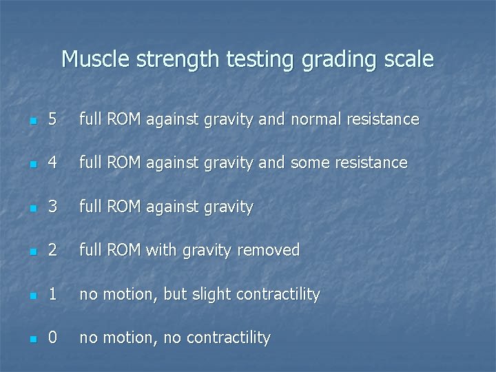 Muscle strength testing grading scale n 5 full ROM against gravity and normal resistance
