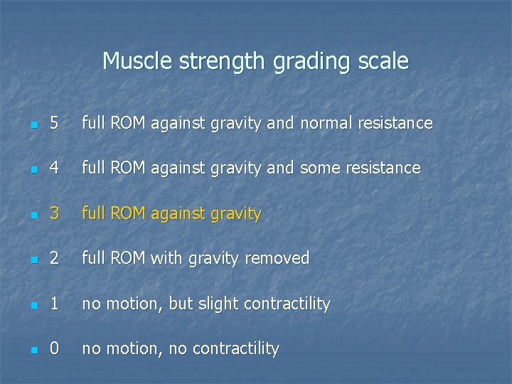 Muscle strength grading scale n 5 full ROM against gravity and normal resistance n