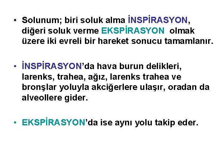  • Solunum; biri soluk alma İNSPİRASYON, diğeri soluk verme EKSPİRASYON olmak üzere iki