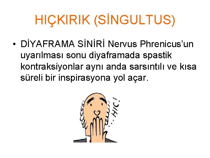 HIÇKIRIK (SİNGULTUS) • DİYAFRAMA SİNİRİ Nervus Phrenicus’un uyarılması sonu diyaframada spastik kontraksiyonlar aynı anda