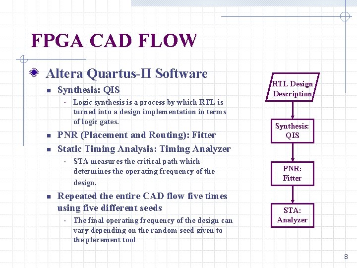 FPGA CAD FLOW Altera Quartus-II Software n Synthesis: QIS • n n PNR (Placement FPGA CAD FLOW Altera Quartus-II Software n Synthesis: QIS • n n PNR (Placement