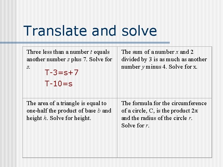 Translate and solve Three less than a number t equals another number s plus Translate and solve Three less than a number t equals another number s plus