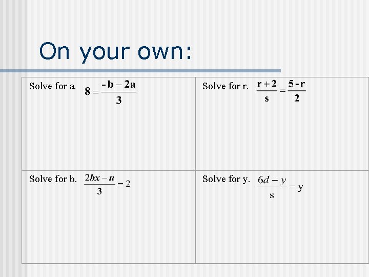 On your own: Solve for a. Solve for r. Solve for b. Solve for On your own: Solve for a. Solve for r. Solve for b. Solve for