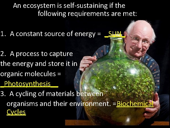 An ecosystem is self-sustaining if the following requirements are met: 1. A constant source