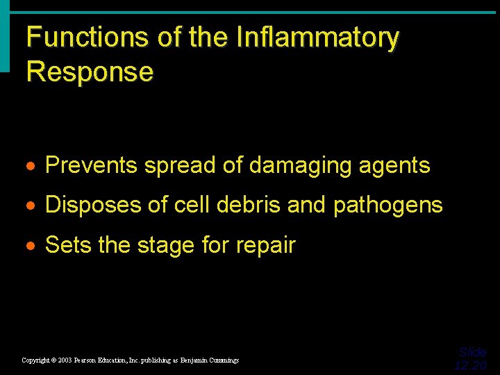 Functions of the Inflammatory Response · Prevents spread of damaging agents · Disposes of