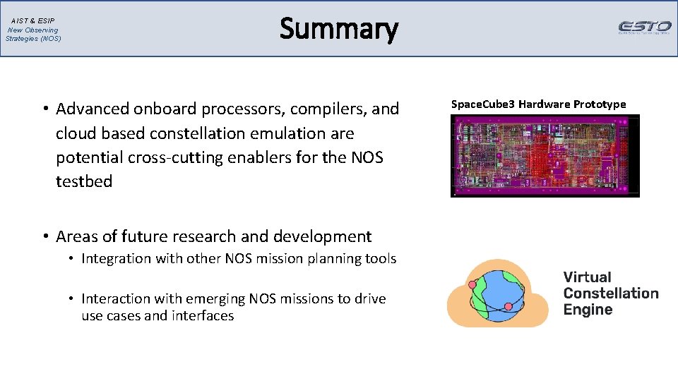 AIST & ESIP New Observing Strategies (NOS) Summary • Advanced onboard processors, compilers, and