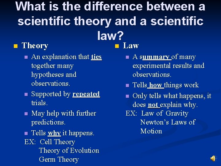 What is the difference between a scientific theory and a scientific law? n Theory