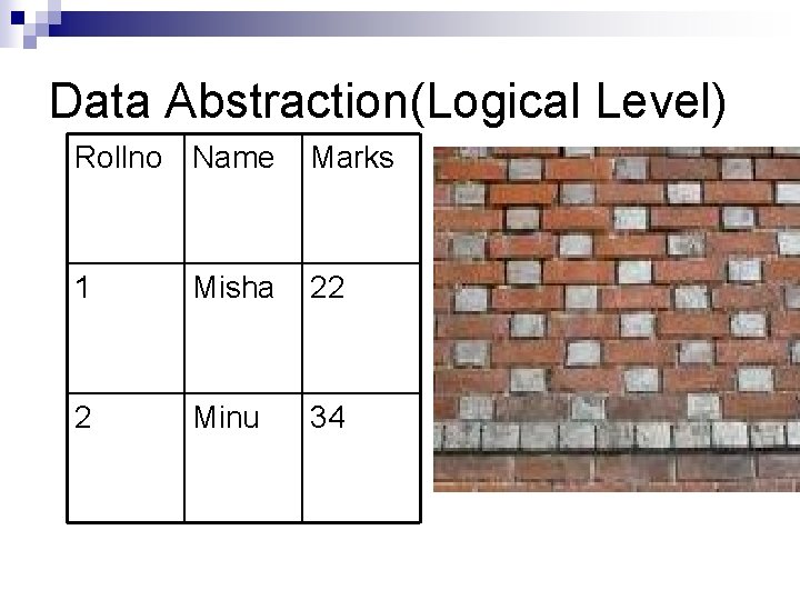Data Abstraction(Logical Level) Rollno Name Marks 1 Misha 22 2 Minu 34 Data Abstraction(Logical Level) Rollno Name Marks 1 Misha 22 2 Minu 34