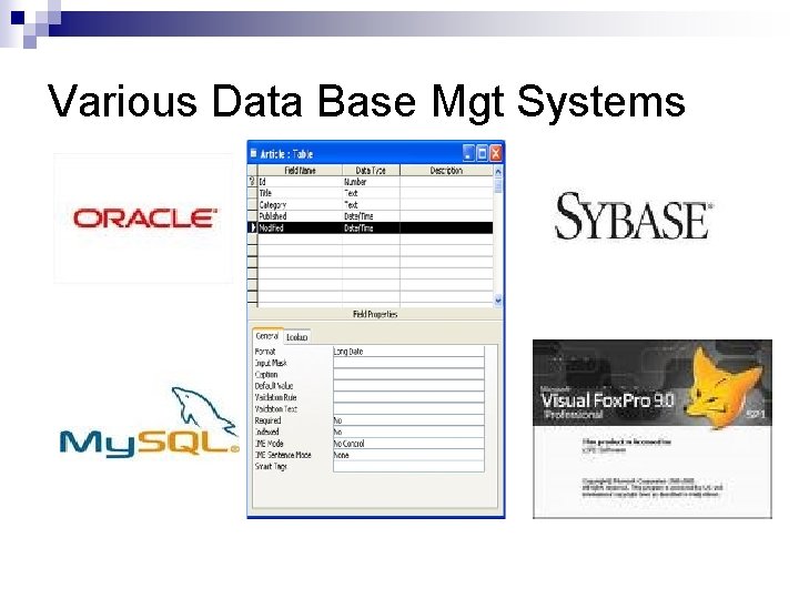 Various Data Base Mgt Systems Various Data Base Mgt Systems