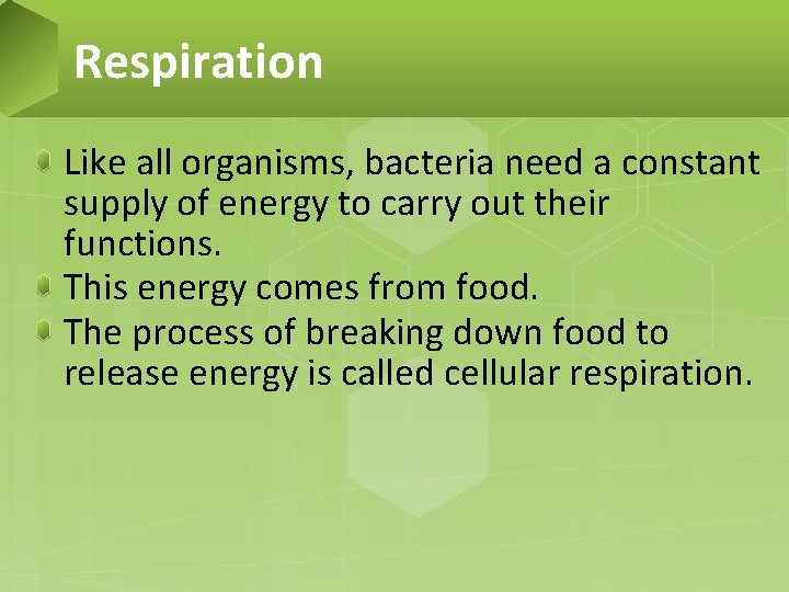 Respiration Like all organisms, bacteria need a constant supply of energy to carry out