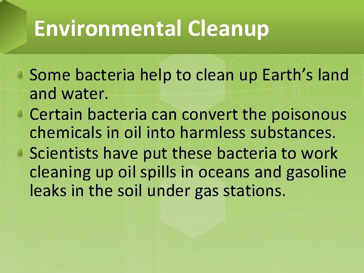 Environmental Cleanup Some bacteria help to clean up Earth’s land water. Certain bacteria can