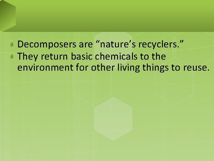 Decomposers are “nature’s recyclers. ” They return basic chemicals to the environment for other