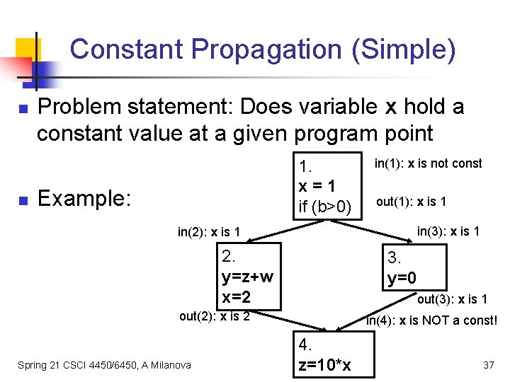 Constant Propagation (Simple) n n Problem statement: Does variable x hold a constant value