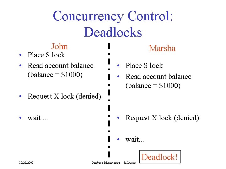 Concurrency Control: Deadlocks John • Place S lock • Read account balance (balance =
