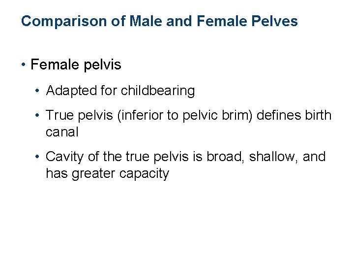 Comparison of Male and Female Pelves • Female pelvis • Adapted for childbearing •