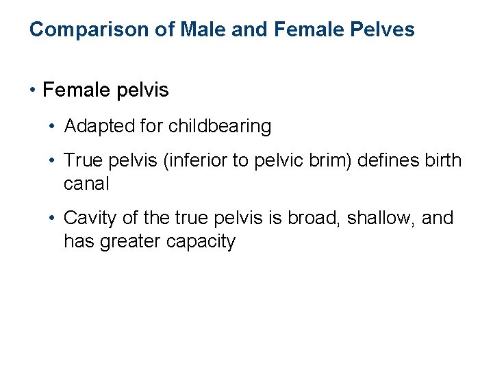 Comparison of Male and Female Pelves • Female pelvis • Adapted for childbearing •