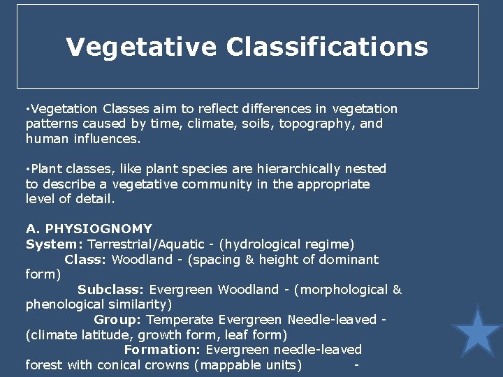 Vegetative Classifications • Vegetation Classes aim to reflect differences in vegetation patterns caused by