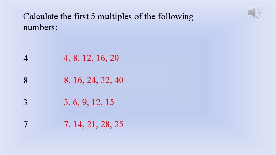Calculate the first 5 multiples of the following numbers: 4 4, 8, 12, 16,