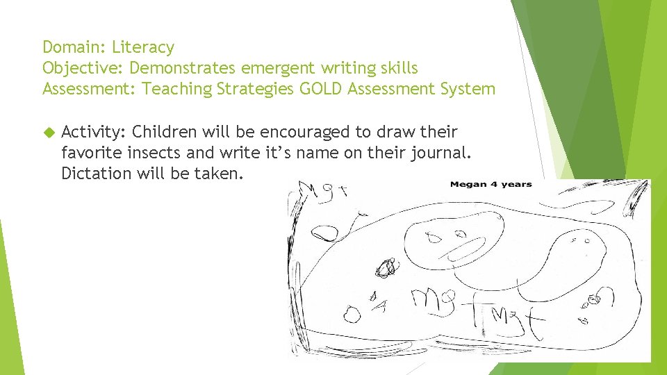 Domain: Literacy Objective: Demonstrates emergent writing skills Assessment: Teaching Strategies GOLD Assessment System Activity: