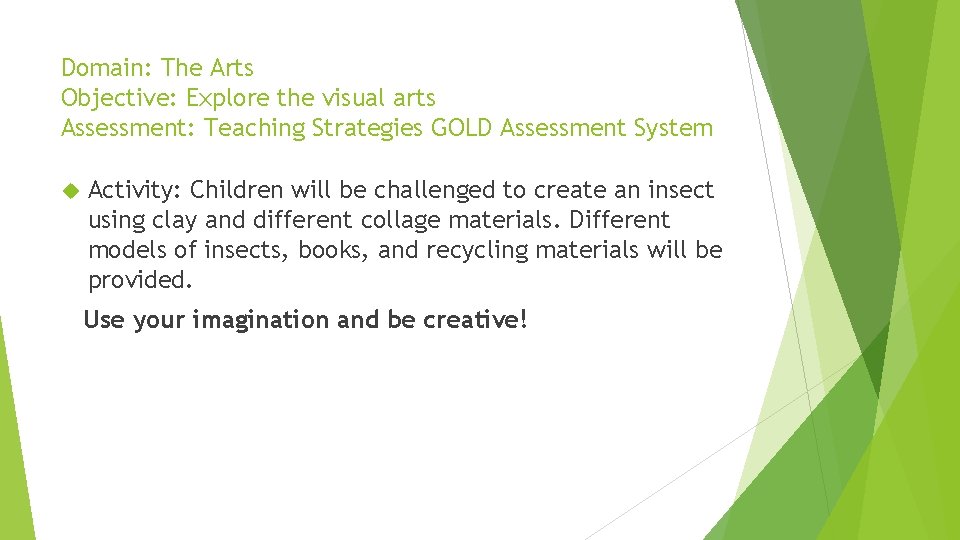 Domain: The Arts Objective: Explore the visual arts Assessment: Teaching Strategies GOLD Assessment System