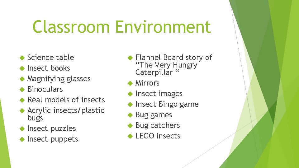 Classroom Environment Science table Insect books Magnifying glasses Binoculars Real models of insects Acrylic