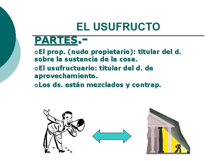 EL USUFRUCTO PARTES. ¡El prop. (nudo propietario): titular del d. sobre la sustancia de