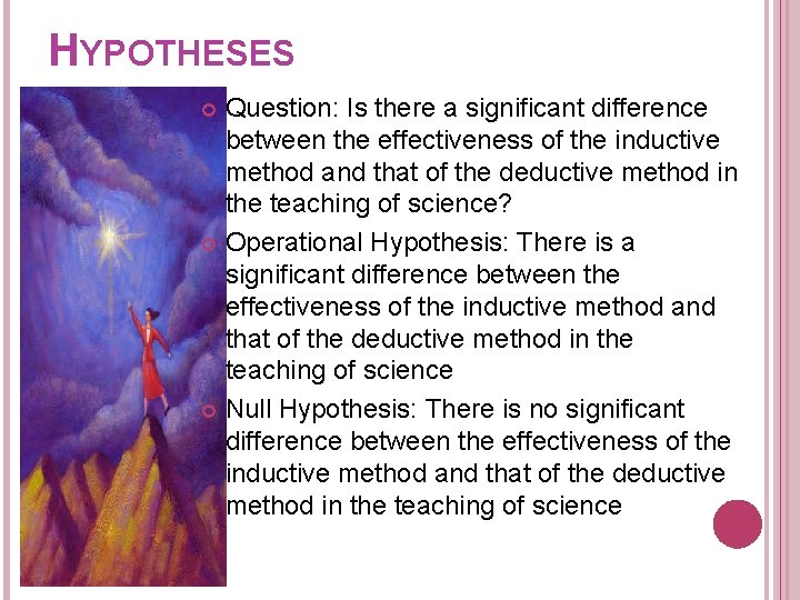 HYPOTHESES Question: Is there a significant difference between the effectiveness of the inductive method HYPOTHESES Question: Is there a significant difference between the effectiveness of the inductive method