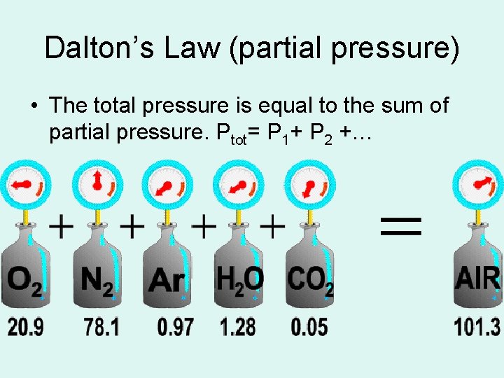 Dalton’s Law (partial pressure) • The total pressure is equal to the sum of