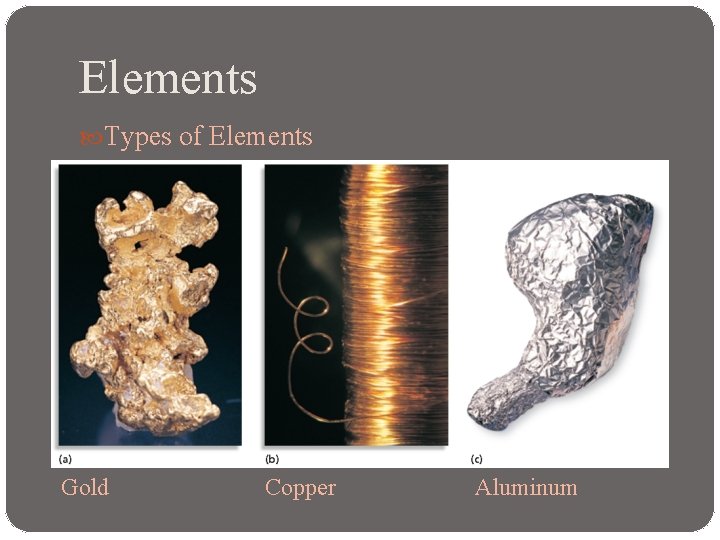 Elements Types of Elements Gold Copper Aluminum 