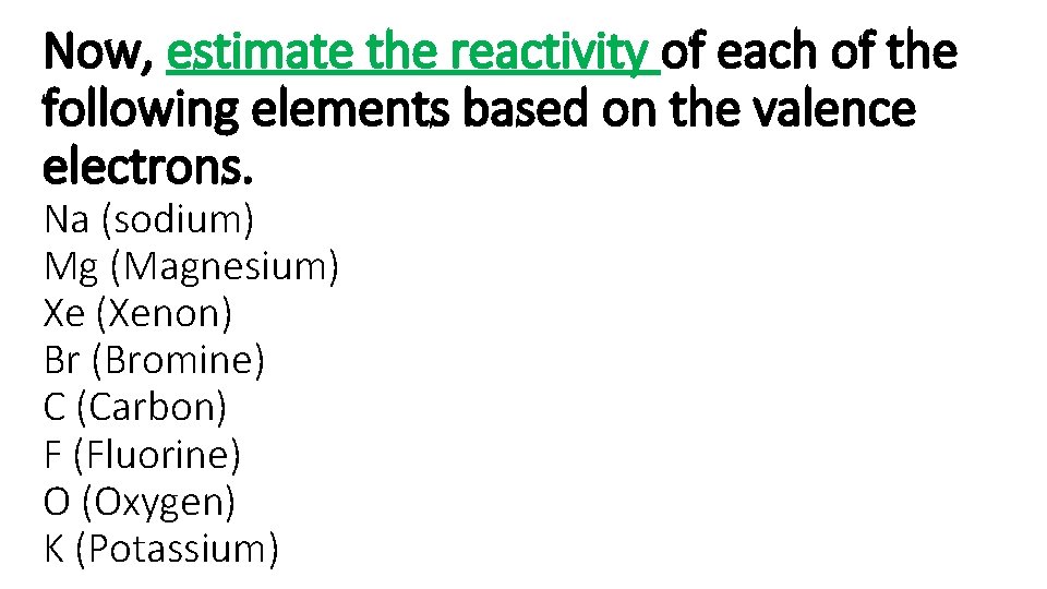 Now, estimate the reactivity of each of the following elements based on the valence