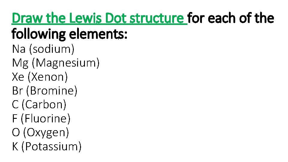 Draw the Lewis Dot structure for each of the following elements: Na (sodium) Mg