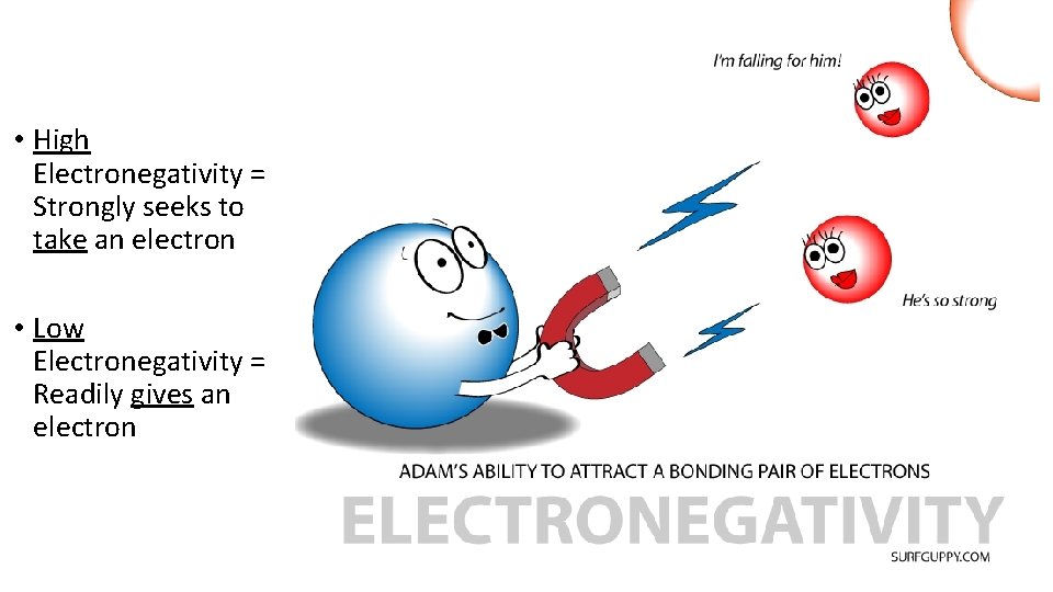  • High Electronegativity = Strongly seeks to take an electron • Low Electronegativity