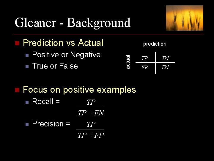 Gleaner - Background Prediction vs Actual n n n Positive or Negative True or