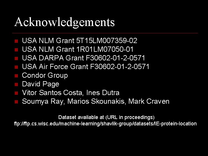 Acknowledgements n n n n USA NLM Grant 5 T 15 LM 007359 -02